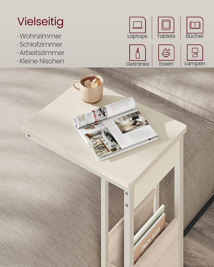 VASAGLE Beistelltisch, Sofatisch mit Rollen, C Form, Couchtisch klein, Stofftasche, verstellbare Füs