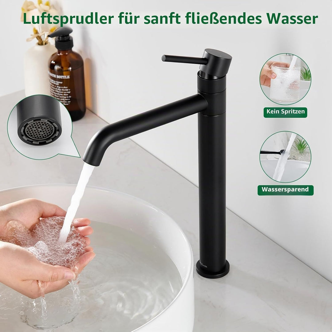 Waschtischarmatur Hoch, 360°Drehbarer Wasserhahn Bad, Hoher Auslauf Mischbatterie für Aufsatzwaschbe
