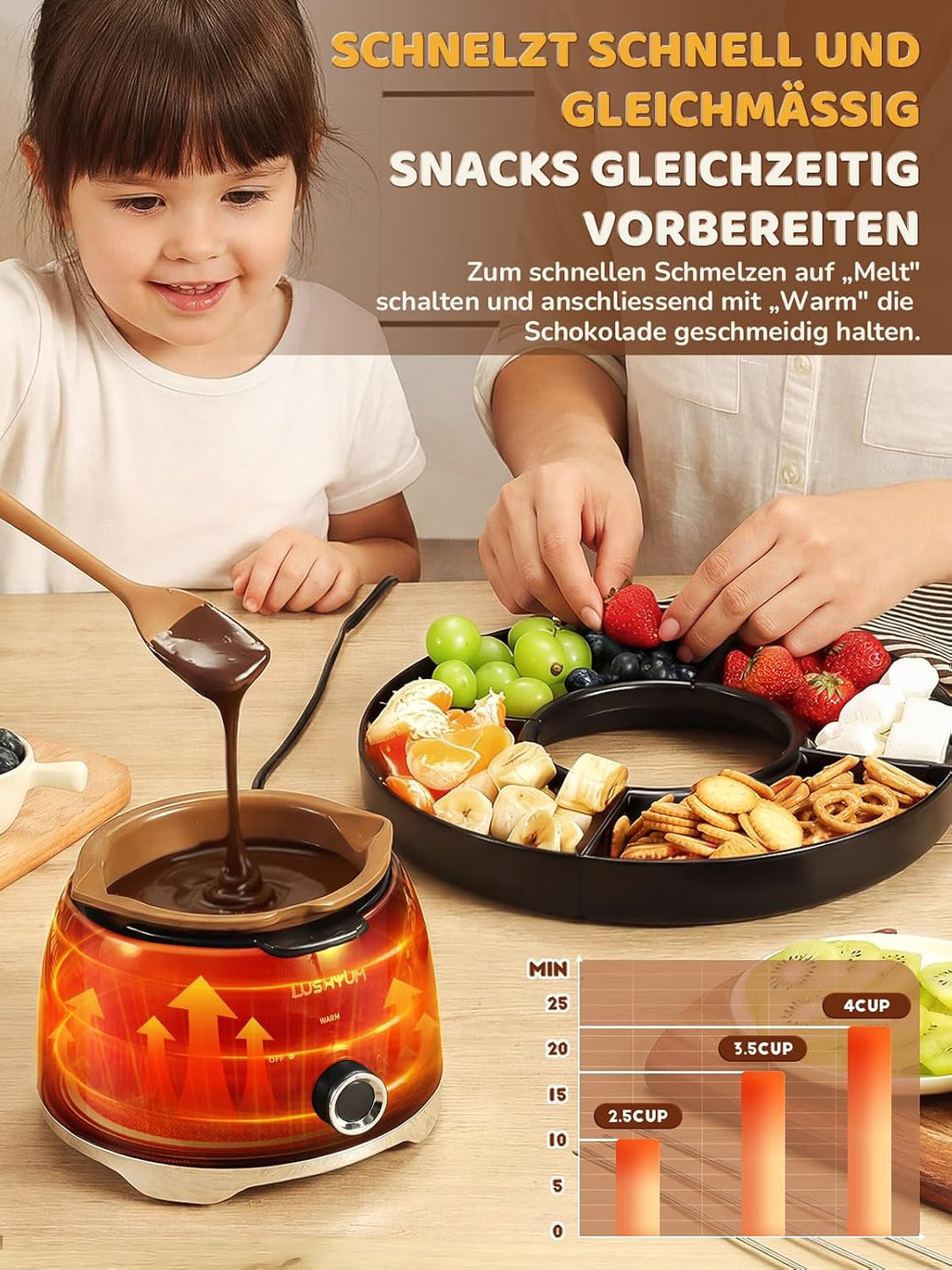 LUSHYUM Elektrisches Schokofondue-Set, 800ml Kapazität, grösserer Drehteller Schwarz – Gross, Schwar