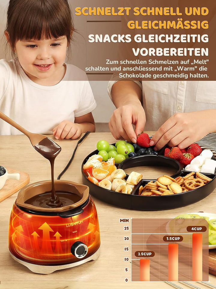 LUSHYUM Elektrisches Schokofondue-Set, 800ml Kapazität, grösserer Drehteller Schwarz – Gross, Schwar