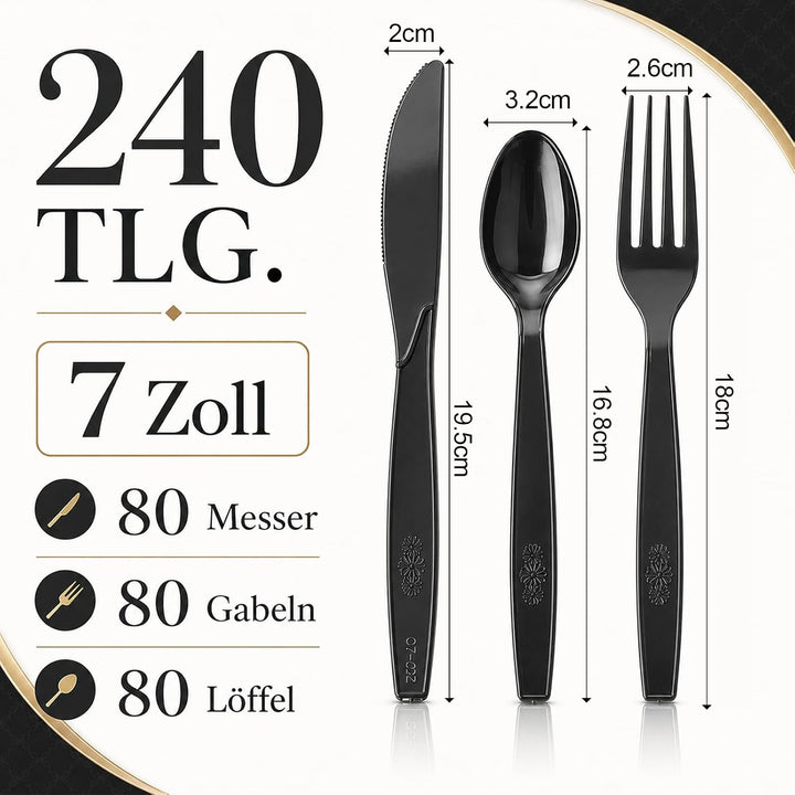 ZYNERY 240 Stk Einwegbesteck Set, 7 Zoll Schwarz, Heavy Duty