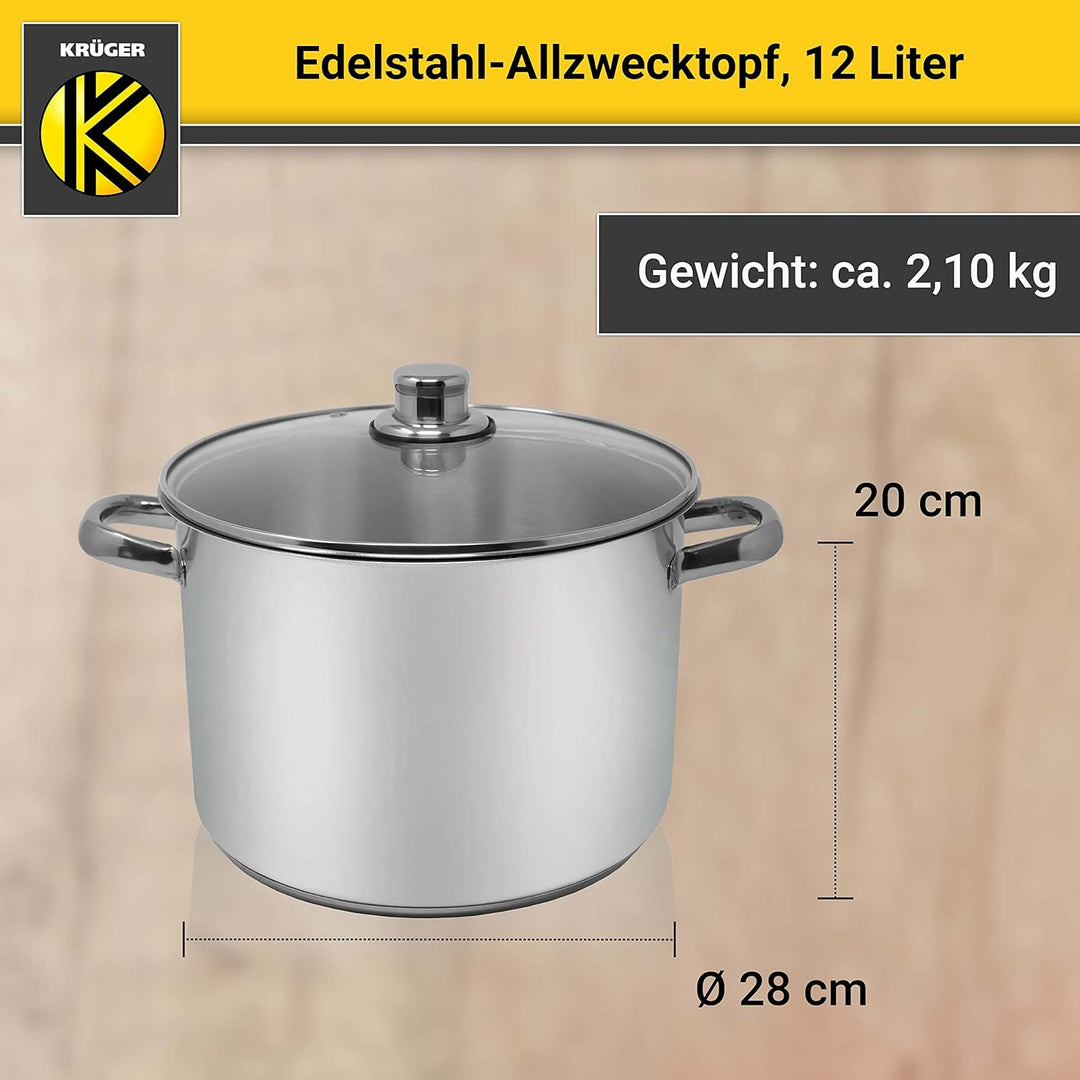 Krüger Edelstahl-Allzwecktopf - Kochtopf mit Deckel zum Sichtkochen - energiesparender Kapselboden -