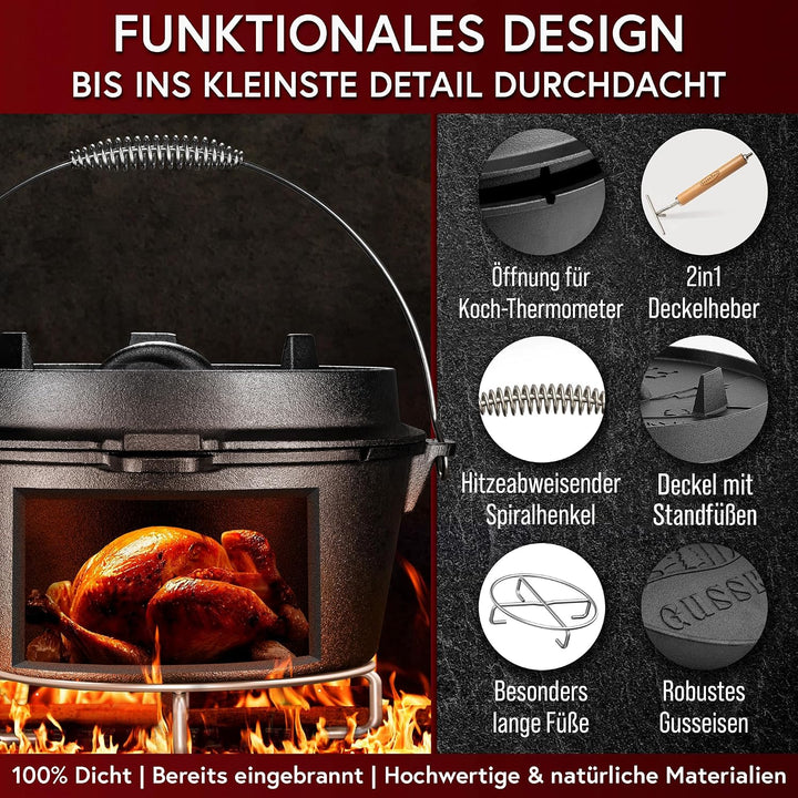 Dutch Oven Set 11-teilig – bereits eingebranntes Gusseisen Topf Set – Bratpfanne, Grilltopf, Deckelh