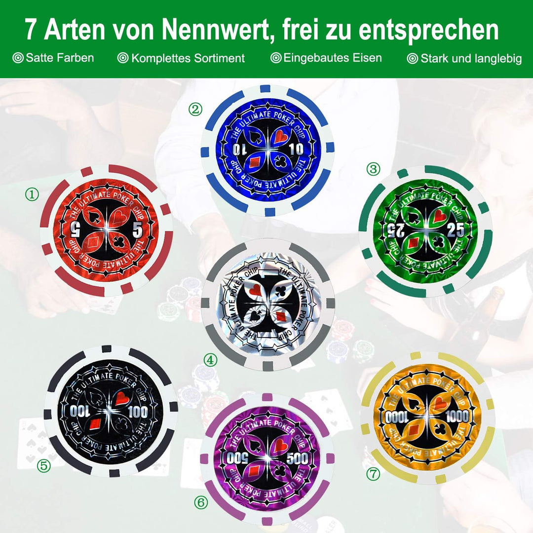 500 Chips Pokerkoffer,Laser Pokerchips mit Aluminium-Gehäuse,inkl. 500x Hochwertigen Laserchips,2X P