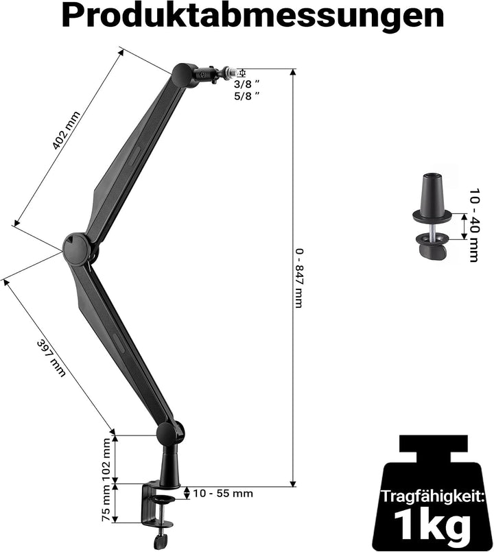 Wiltec Mikrofonarm 80cm Gelenkarm Tischhalterung für 3/8" und 5/8" Mikrofone für Studio und Zuhause