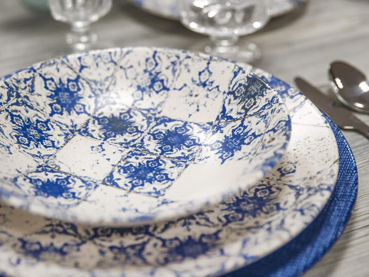 H&amp;h set 12 piatti piani lotus in stoneware blu e avorio cm 28 Lotus Piatti Piani, Lotus Piatti Piani