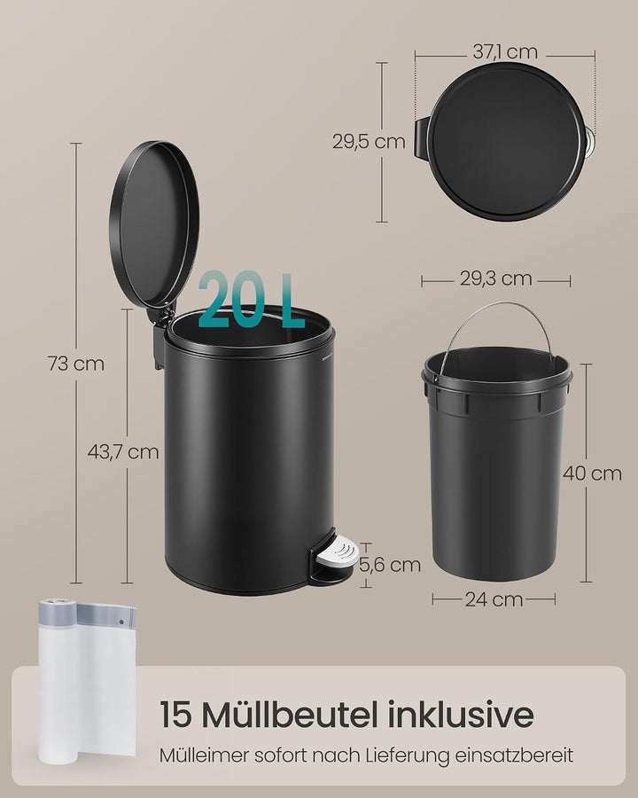 SONGMICS Mülleimer Küche, mit Deckel, Softclose, Schwarz, 20 L Schwarz 20 L, Schwarz 20 L