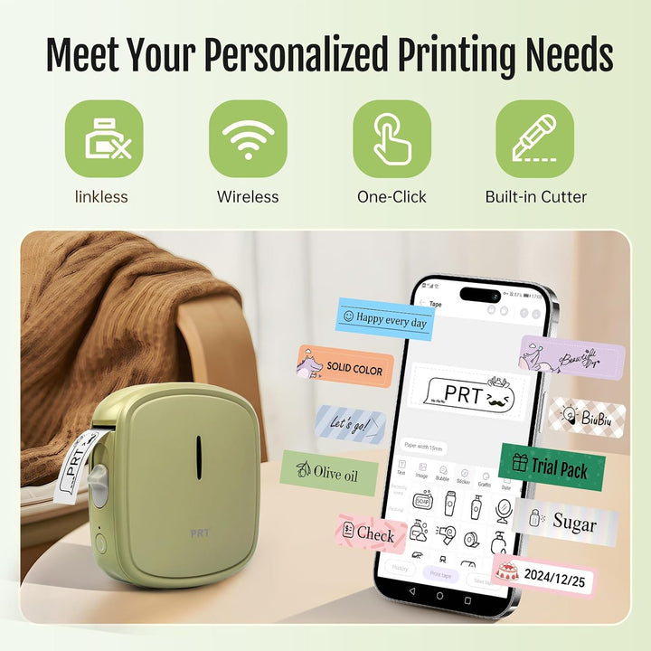 prt QUTIE Bluetooth Beschriftungsgerät Selbstklebend, Tragbarer Mini Etikettiergerät, USB Aufladen E