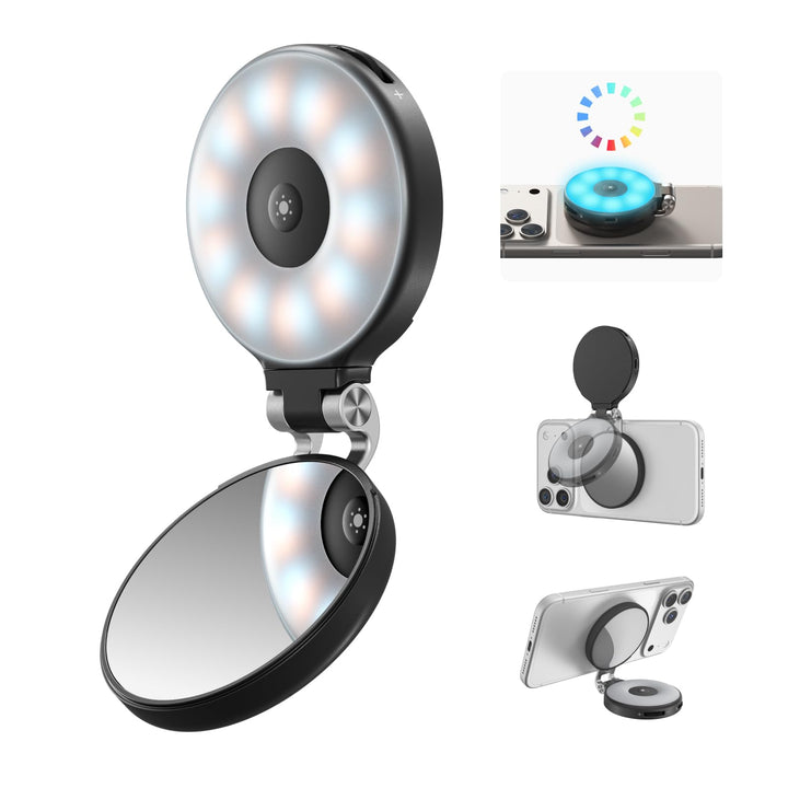TELESIN 4-in-1 RGB-Ringlicht für iPhone/Samsung mit Spiegel und Halterung Schwarz, Schwarz