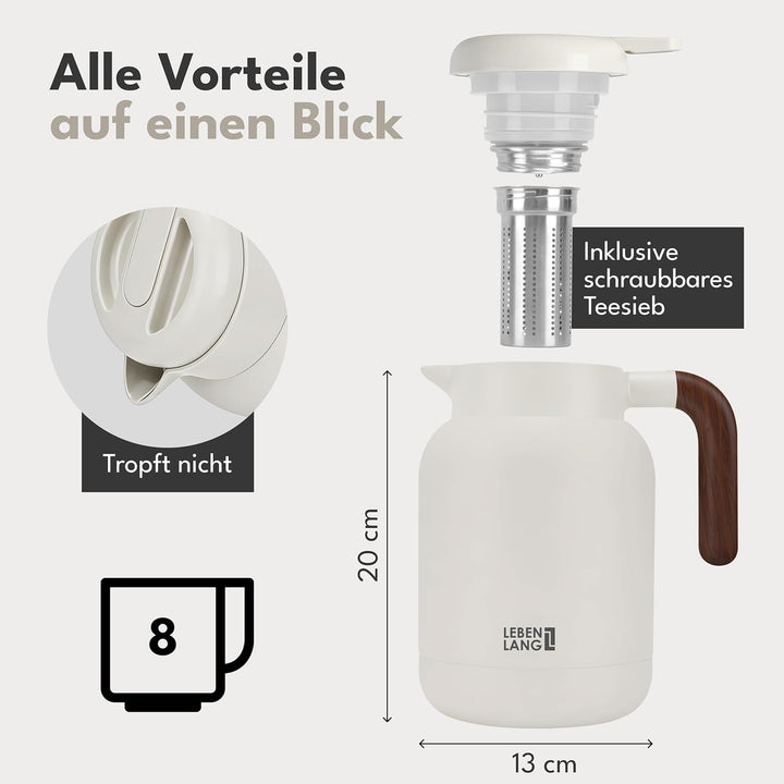 LEBENLANG Thermoskanne 1,5L Keramikbeschichtung - Inkl. Teesieb I 24h Heiss I Kaffeekanne Kaffee &amp; T