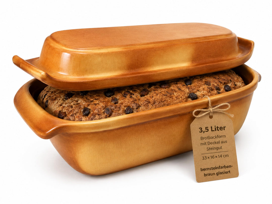 3,5 Liter Brotbackform mit Deckel aus Steingut, 33×16×14 cm, Bräter, Auflaufform, Gratinform, Schmor