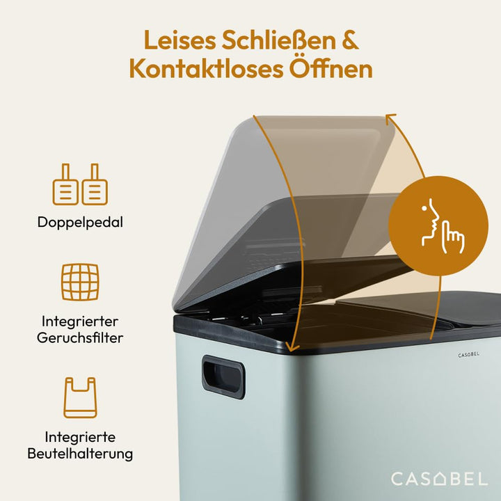 CASABEL Mülleimer Küche Mülltrennung 60L – 2x30L Doppelkammer mit Pedal, Edelstahl Mintgrün, Abfalle