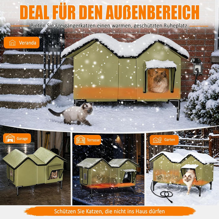 Beheiztes Katzenhaus Outdoor Winterfest, extra grosses isoliertes Katzenhaus für draussen mit Heizpo