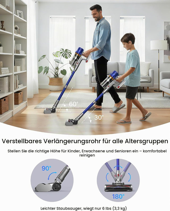 Akku Staubsauger für Zuhause kabelloser Stabstaubsauger: 45K Pa, 550 W, 65 Min, Anti-Tangle-Bürste,