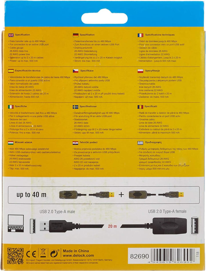 Delock Kabel USB 2.0 Verlängerung, aktiv 20 m Single