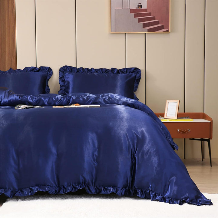 Freyamy Bettwäsche 155x220 Glatt Luxus Seide Bettwäsche Set Blau Dunkelblau Einfarbig Rüschen Romant