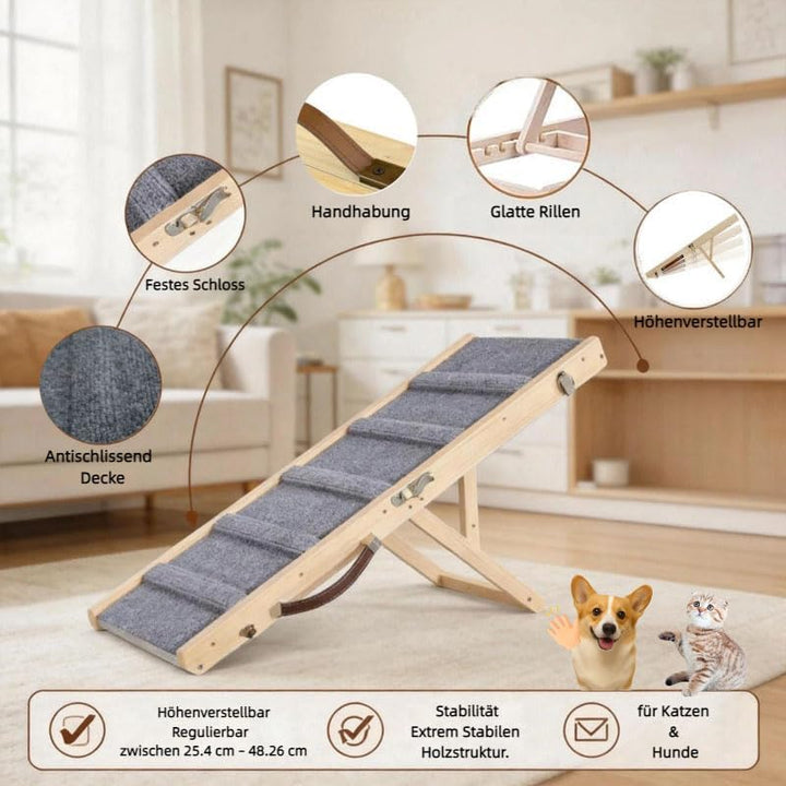 Holz Hunderampe |Hunderampe Bett |Höhenverstellbar mit Rutschfester Matte