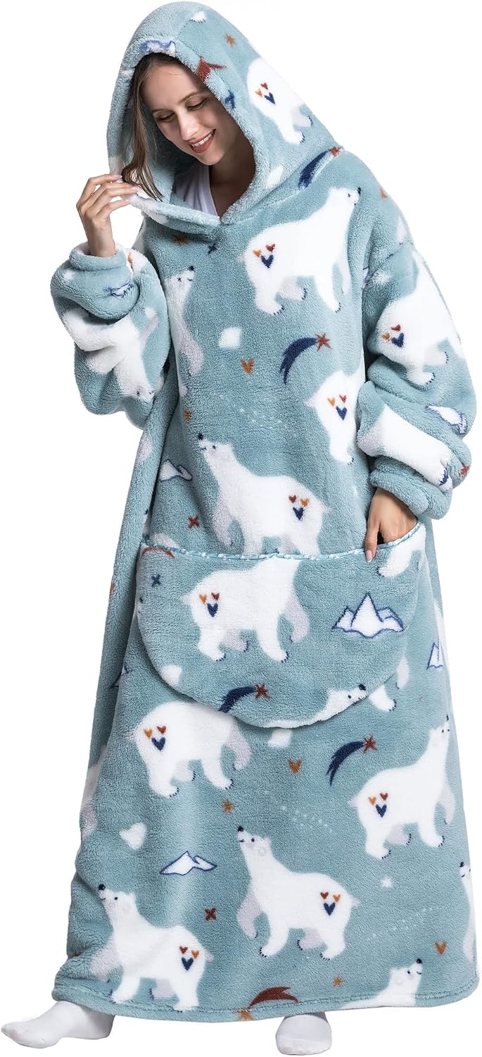 Hoodie Decke Extra Lang mit Kapuze und Tasche für Damen Herren Eisbär, Eisbär