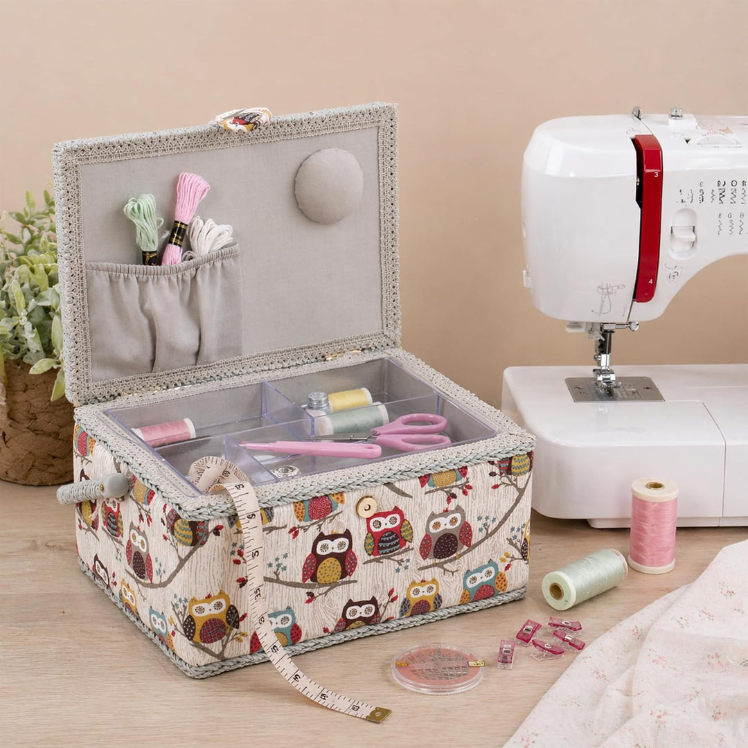 Hobby Gift Nähkästchen Mittel Set mit Griff - Nähkorb aus Baumwolle mit Fächern für Nähzubehör &amp; Wer