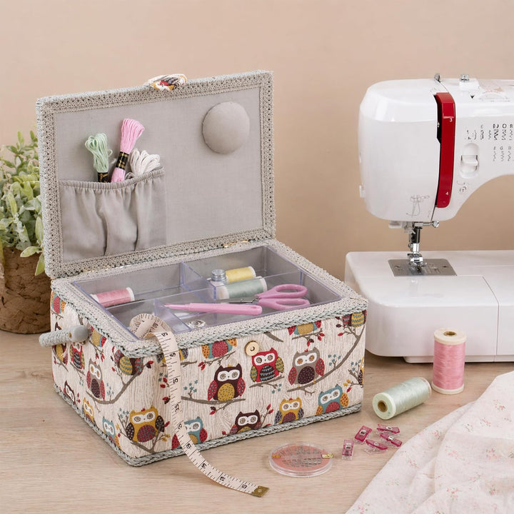 Hobby Gift Nähkästchen Mittel Set mit Griff - Nähkorb aus Baumwolle mit Fächern für Nähzubehör &amp; Wer
