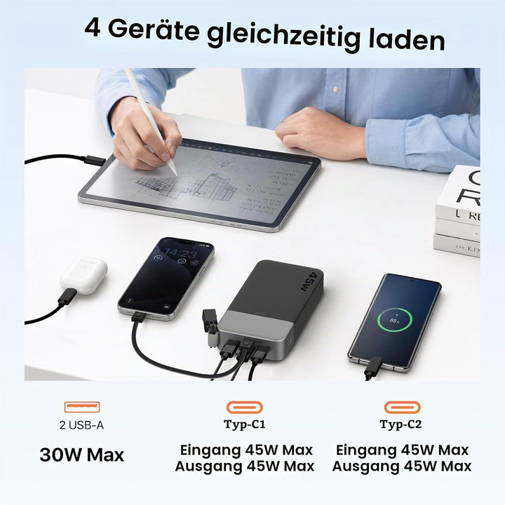 JUOVI Power Bank, Powerbank 20000mAh 45W Schnellladen Externe Handyakkus Schwarz 45W with Cable, Sch