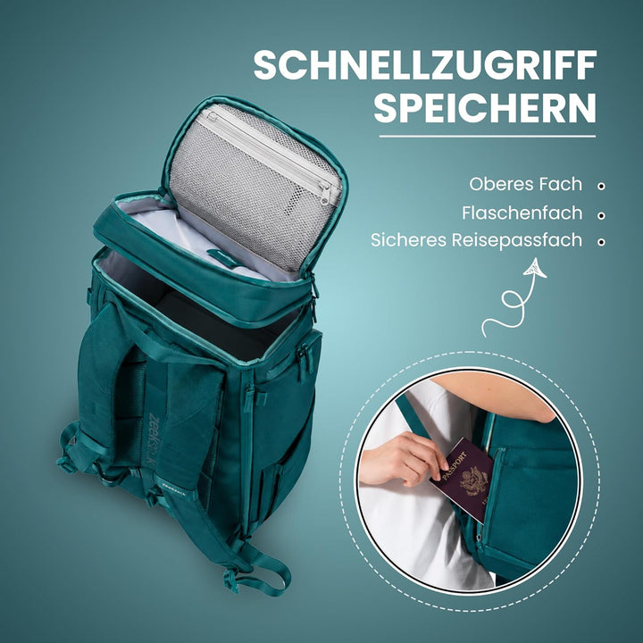 Zeeksack The Organizer - Grosser Rucksack Hellblau 40L - Wasserabweisender Handgepäck-Reiserucksack