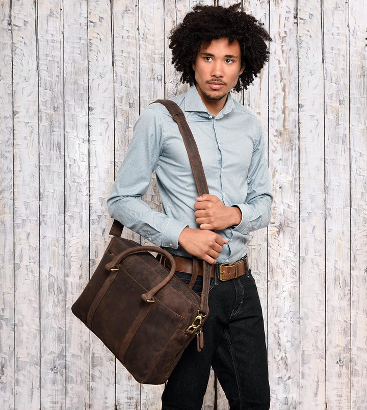 LEABAGS Leder Aktentasche Herren &amp; Damen I Echtleder Laptoptasche bis 16 Zoll I Umhängetasche mit Sc