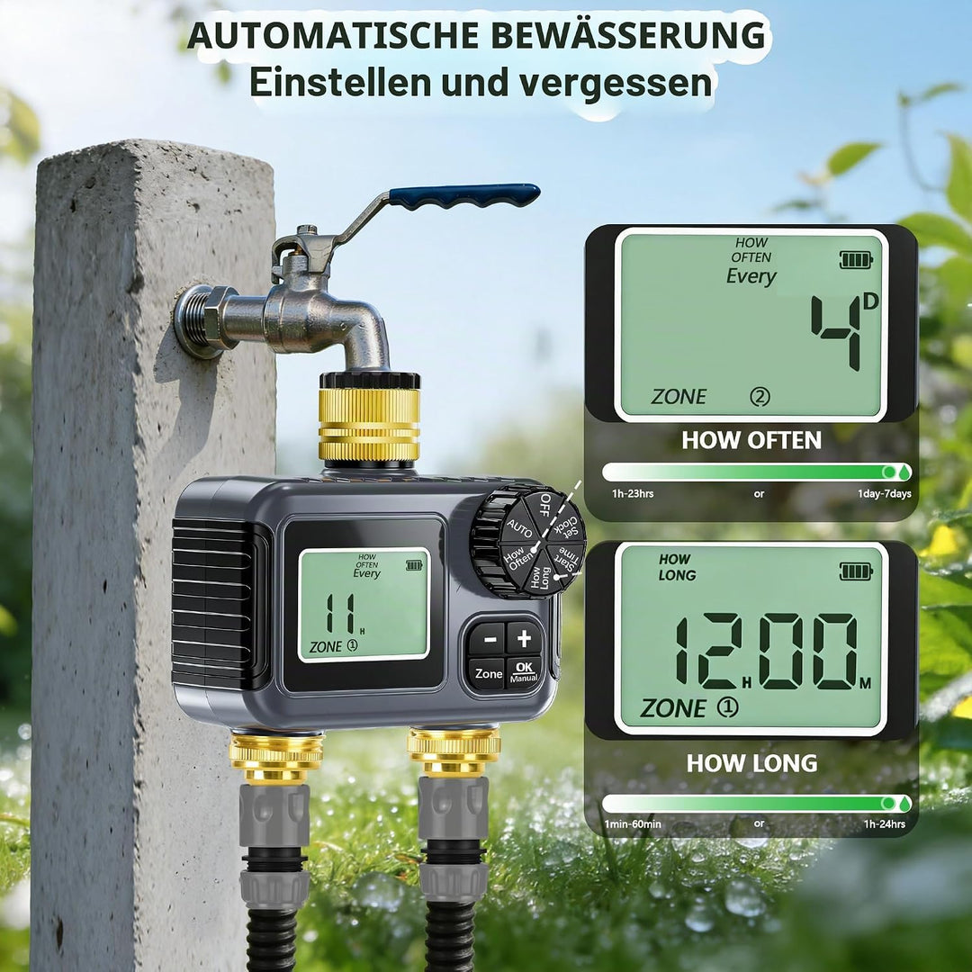 IPX5 Bewässerungscomputer 2 Ausgänge,Messing-Einlass und -Auslass,Automatische Bewässerung Wasser Ze