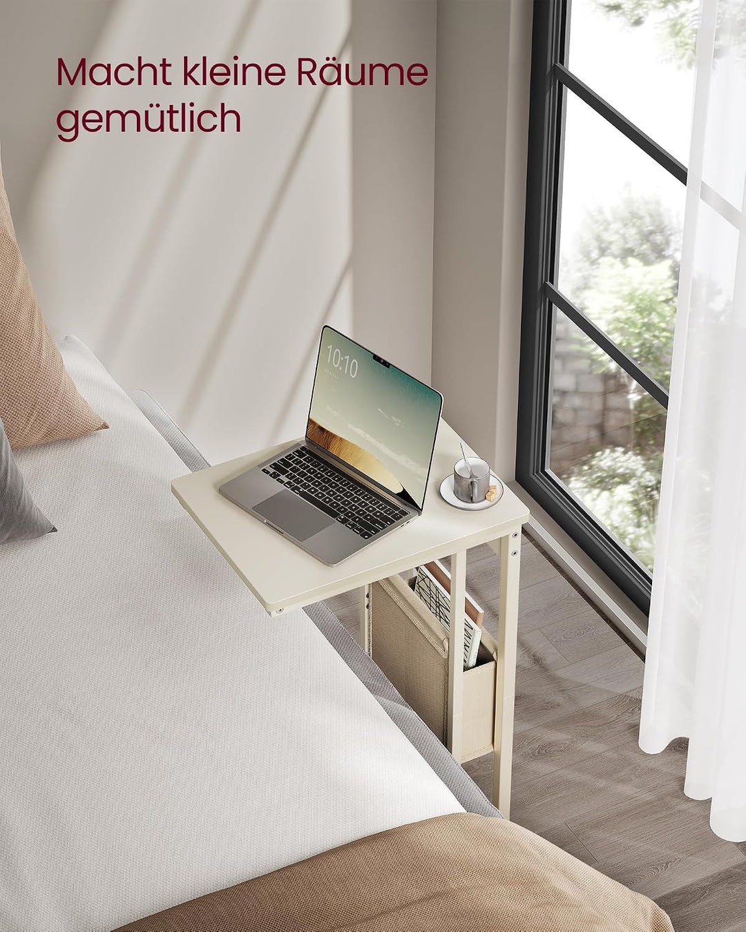 VASAGLE Beistelltisch, Sofatisch mit Rollen, C Form, Couchtisch klein, Stofftasche, verstellbare Füs