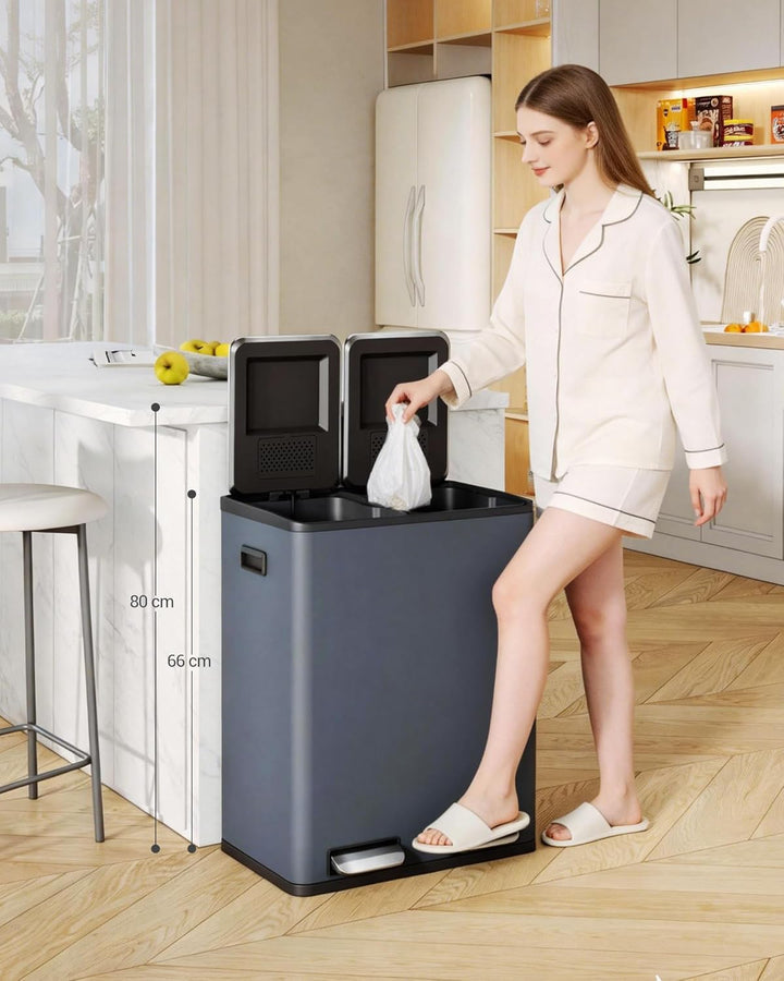 Hzuaneri Mülleimer Küche, 2 x 30 L, Mülltrennsystem 2 Fächer 60 L, Edelstahl-küchenmülleimer, Tretmü