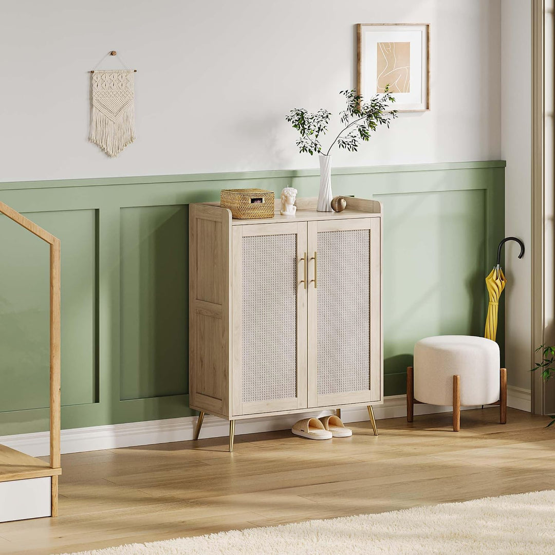 Rattan-Schuhschrank 5 Ebenen, Landhausstil Schuhschrank mit Türen &amp; Verstellbare Regale, Stabile Met