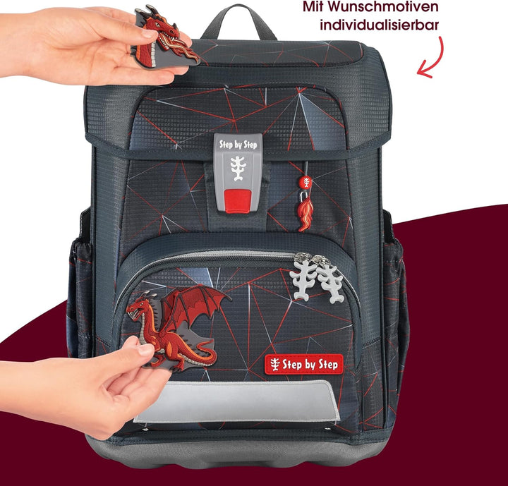 Step by Step Schulranzen-Set CLOUD Dragon Drako, 5-teilig, schwarz-rot, ergonomischer Tornister mit