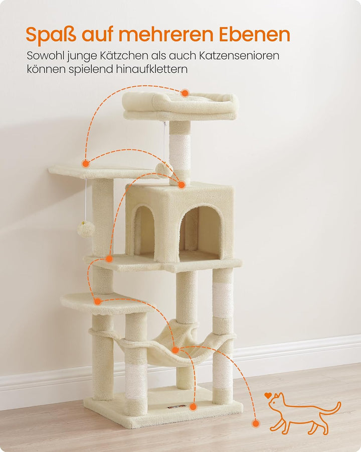 Feandrea Kratzbaum, 112 cm hoch, Katzenbaum, mehrstöckiges Katzenhaus, mit 4 Kratzsäulen, 2 Plattfor