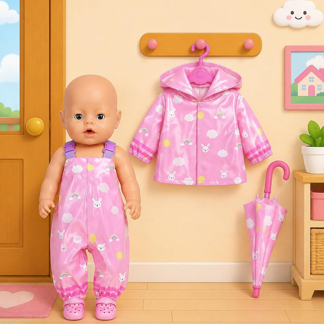 Puppenkleidung Regenanzug Set für 35-45 cm Puppen mit Schuhen Kleiderbügel