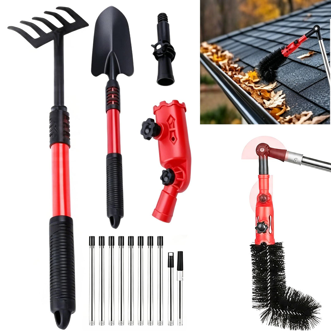 BRGD 4m Teleskop Dachrinnenreiniger Kit mit 11pcs ausziehbaren Stangen, 2pcs 180° Schwenkbarem Kopf,