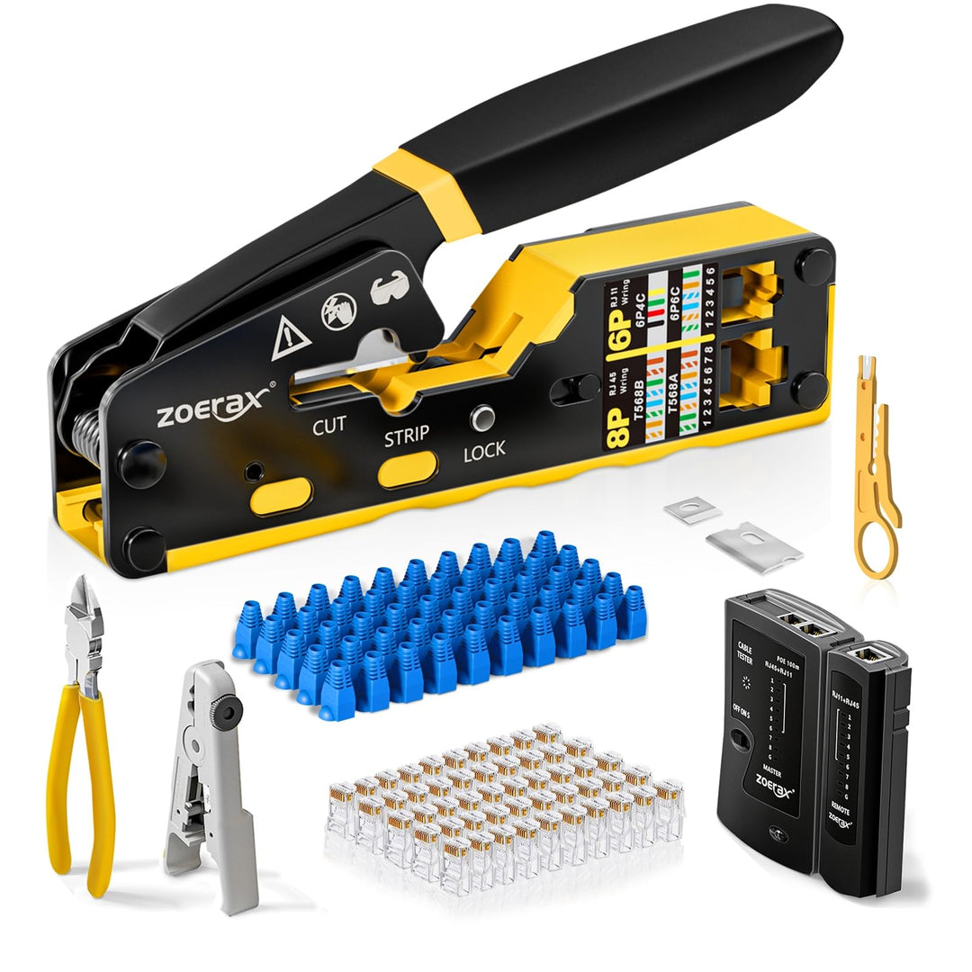 8-in-1 RJ45 Crimpzange &amp; Netzwerk Werkzeug Set Profi-Set mit Netzwerk Tester, Abisolierzange, Klinge