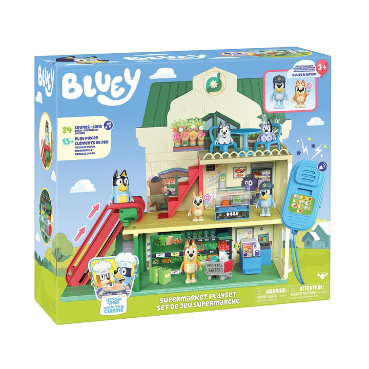 Rocco Giocattoli | Der Bluey Supermarkt - Playset mit 2 Actionfiguren, Zubehör und Aufklebern