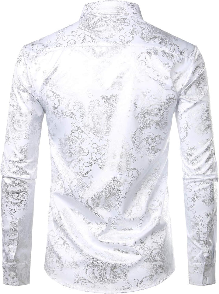 PARKLEES Herren Luxus Paisley Gemustert Golden Glänzend Slim Fit Freizeithemd XXL Weiss Silber, XXL