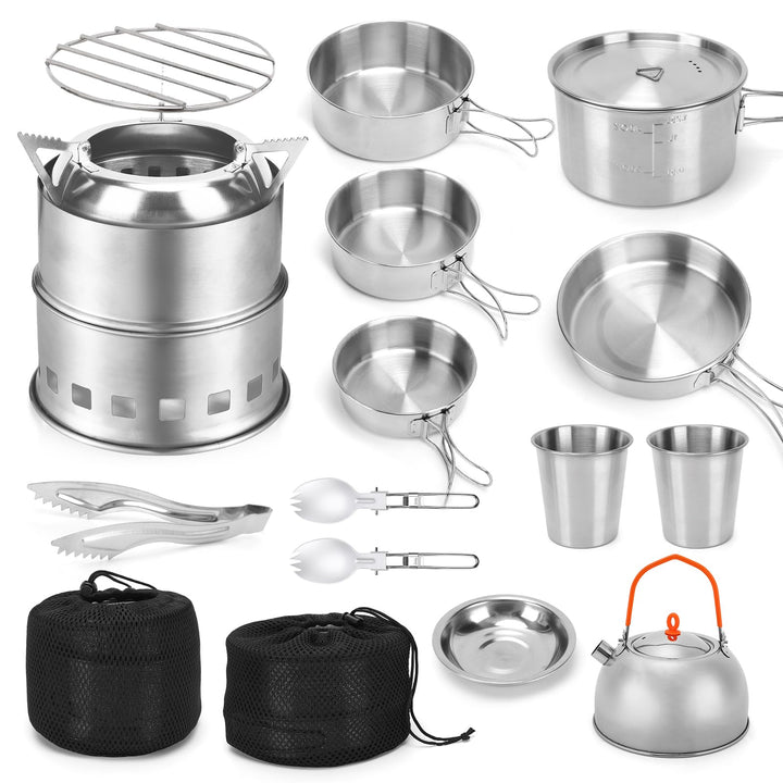 16-teilig Camping Kochgeschirr Set Edelstahl 304 mit Holzofen Campingkocher &amp; Wasserkocher, Leicht &amp;