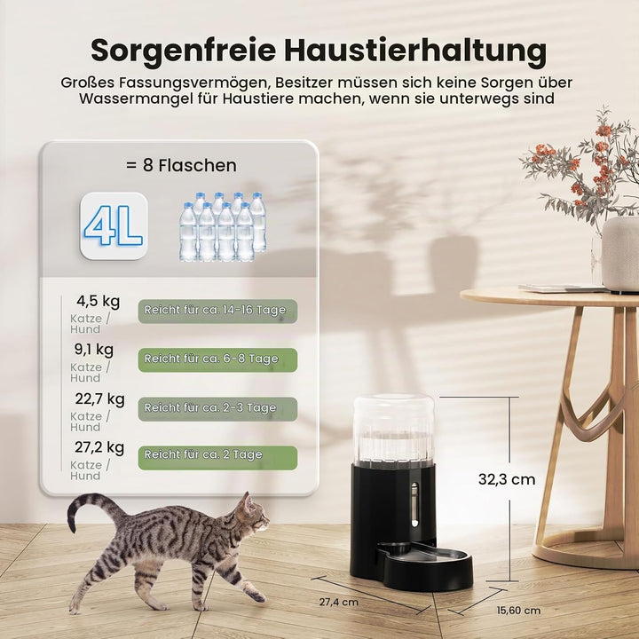 JUNSPOW 4L Automatischer Filter-Wasserspender für Hunde &amp; Katzen 4L+Filter-Schwarz Schwarz, 4L+Filte