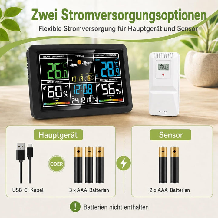 Wetterstation Funk mit Aussensensor, Innen- und Aussentemperatur, Luftfeuchtigkeit, Wettervorhersage