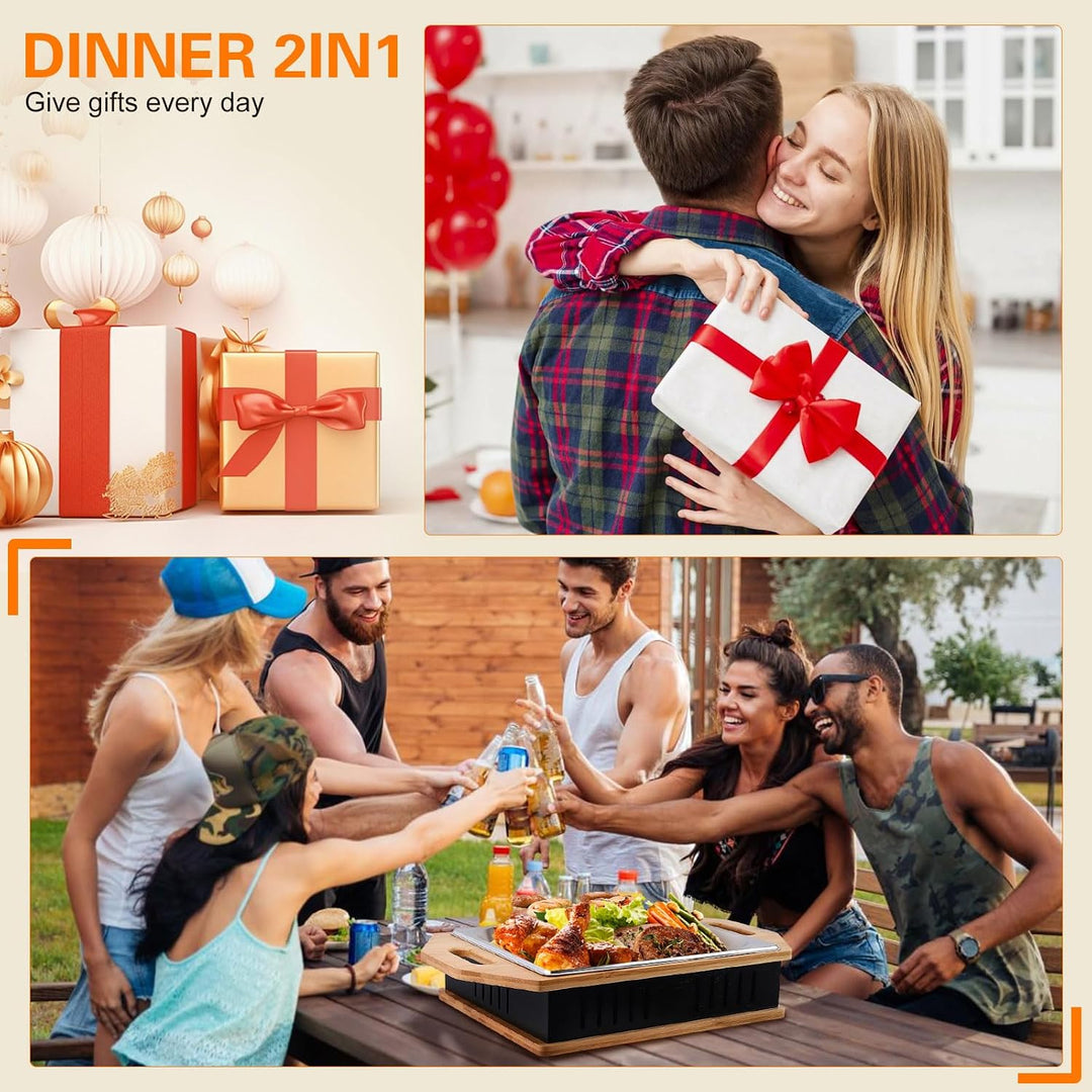 BBQ Warmhalteplatte Teelicht, BBQ Servierplatte mit Edelstahlauflage &amp; Teelichtfunktion, Fleischwarm