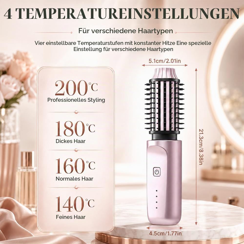 Thermal Brush, Thermobürste Kabellos, Tragbarer Rundbürste Elektrisch mit 4 Temperaturen, Kabellose