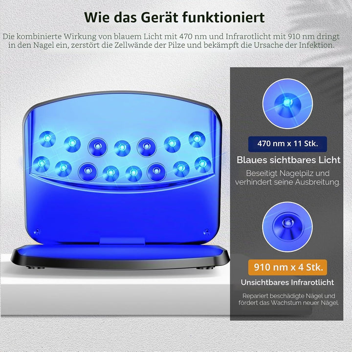 Upgrade Nagelpilz Lasergerät, 15 LED Tragbar &amp; Wiederaufladbar per USB-C, 11 Blaulicht + 4 Infrarot,