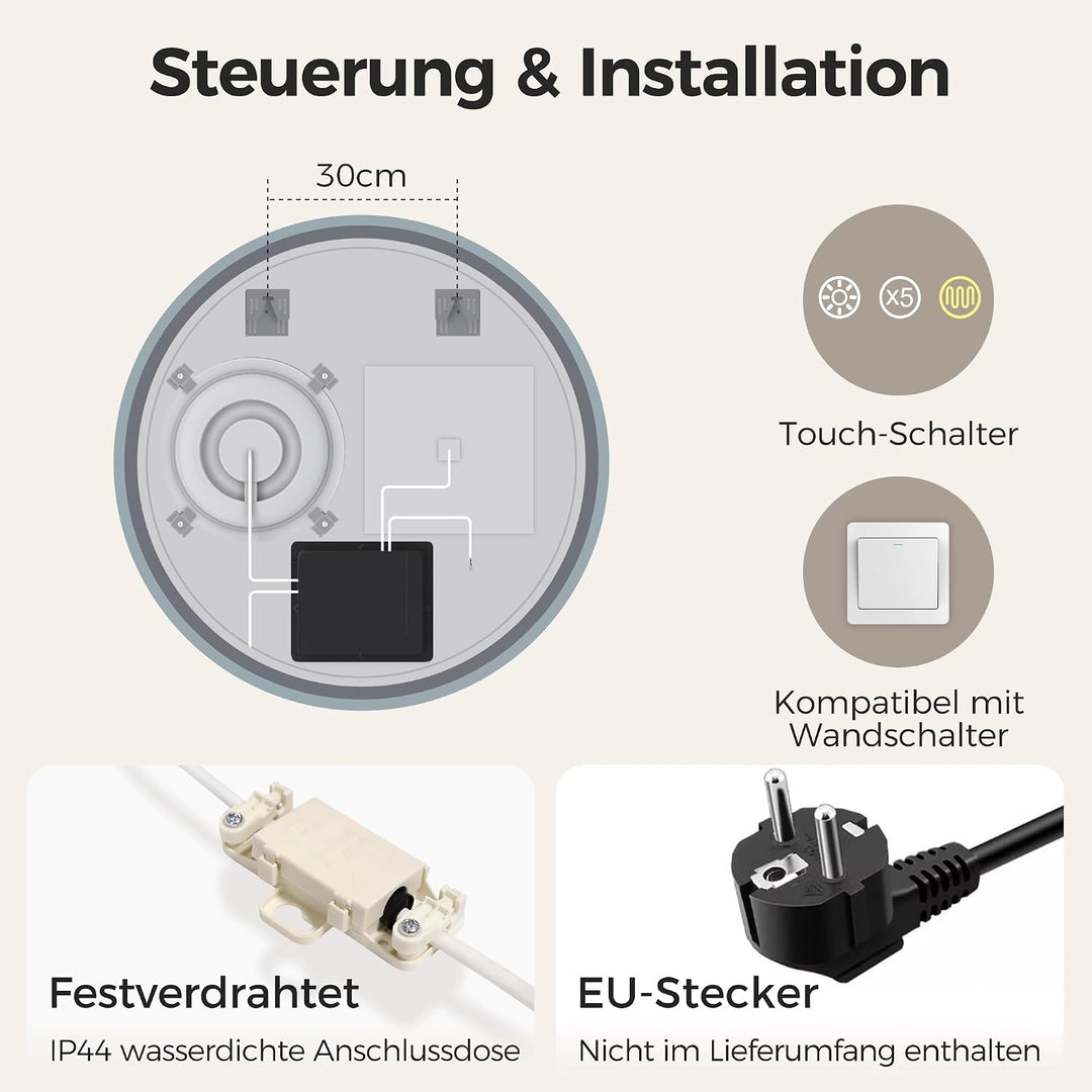 STARLEAD 80cm Runder-Badspiegel-mit-Beleuchtung 80L x 80B cm M3051 Danube Silver (5-fache Lupe), 80L