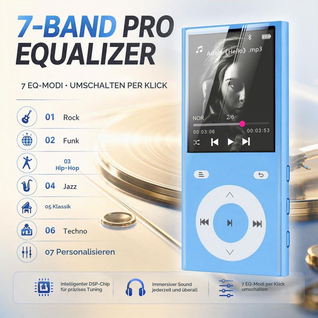 90GB MP3 Player Bluetooth 5.3, Musik Player 2 TF-Kartensteckplätzen Blau, Blau