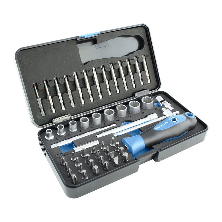 MichaelPro MP012004BL 52 Piece Replaceable Screwdriver Bit and Socket Set with Handle, S2 Steel Bits