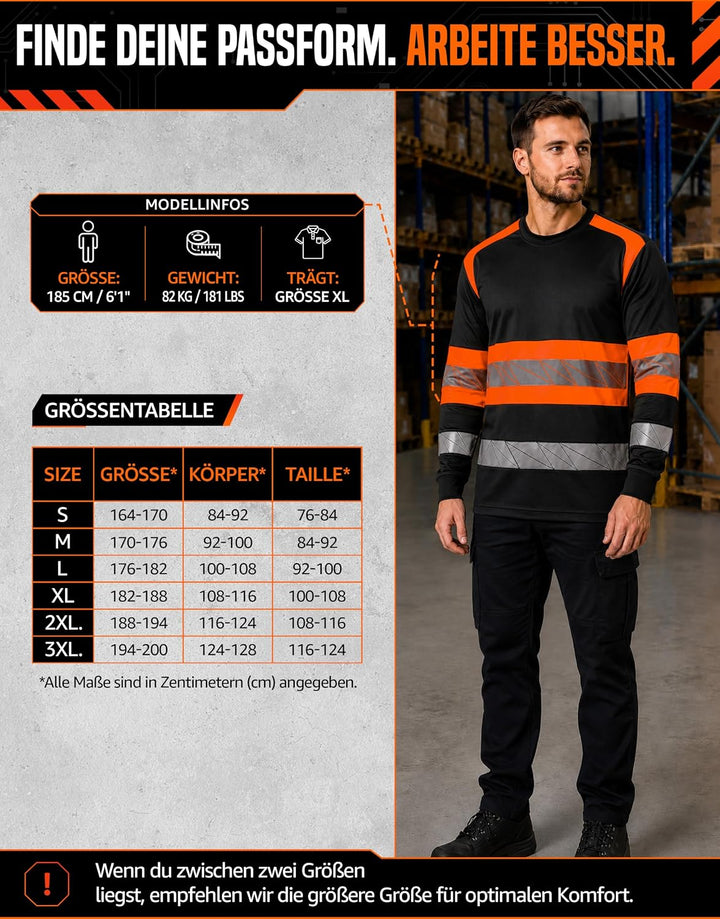 Warnschutz T-Shirt Langarm - Atmungsaktiv Warn Tshirt Herren 3XL Schwarz Orange, 3XL Schwarz Orange