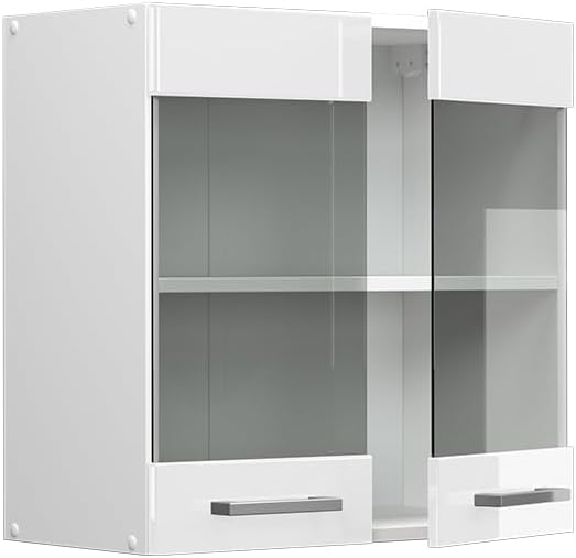 Vicco Küchenschrank Glas R-Line, Weiss Hochglanz/Weiss, 60 cm Weiss Hochglanz Hängeglasschrank 60cm,