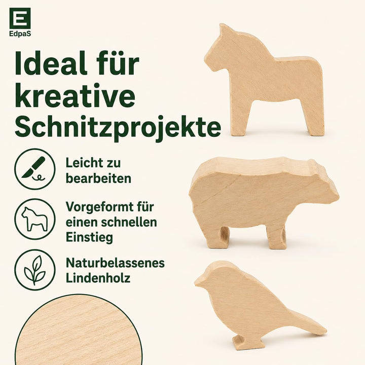 EdpaS Schnitzrohlinge gross aus Lindenholz Tierfiguren Bär Spatz und Dala Pferd - Schnitzholz, Holzr